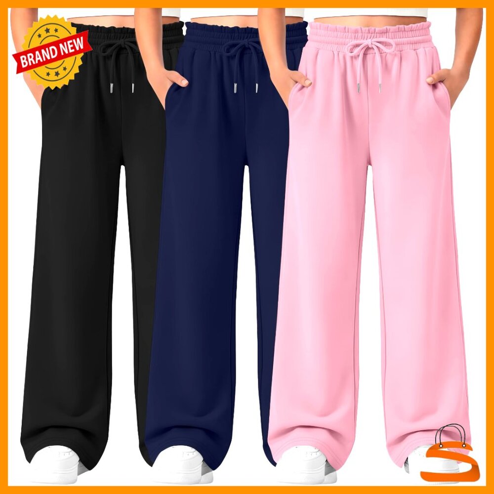 3 Pack Girls' Sweatpants Wide Leg Drawstring Joggers Athletic Pants Pockets